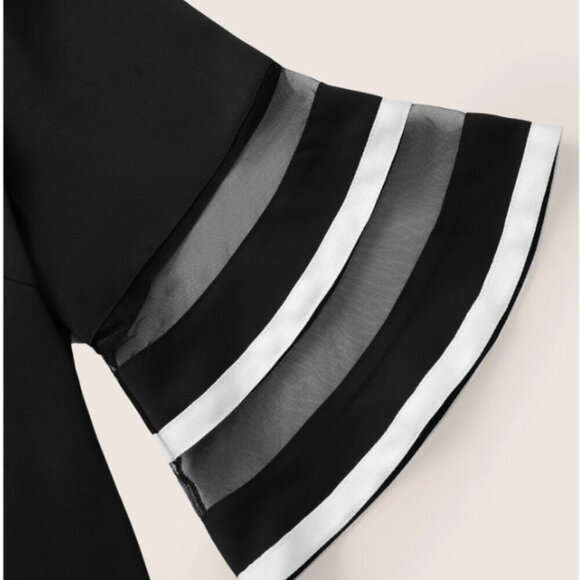 BloomChic Plus Size  Contrast Patchwork Mesh Bell Sleeve Blouse - Picture 5 of 7